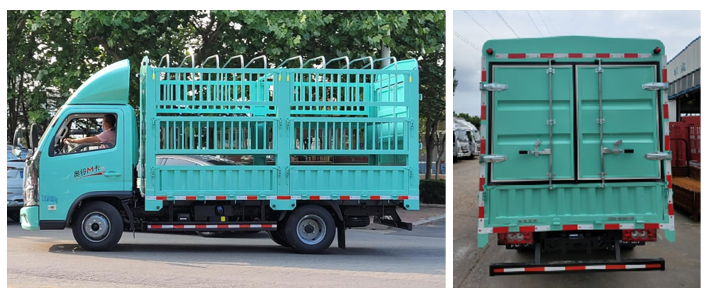 Side and rear views of a turquoise high stake cargo truck