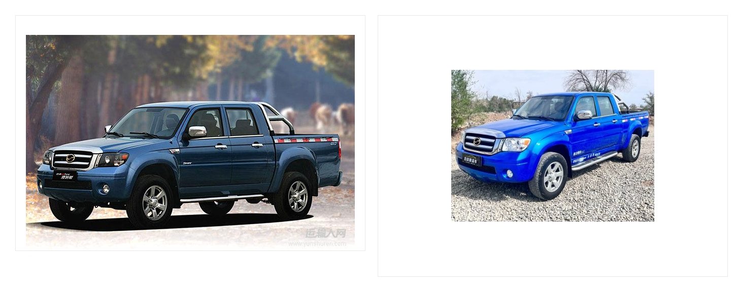 Two views of blue and dark green pickup trucks
