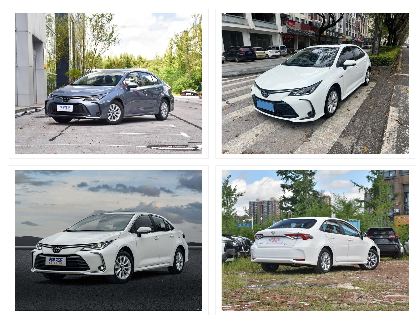 Four views of silver and white passenger sedans