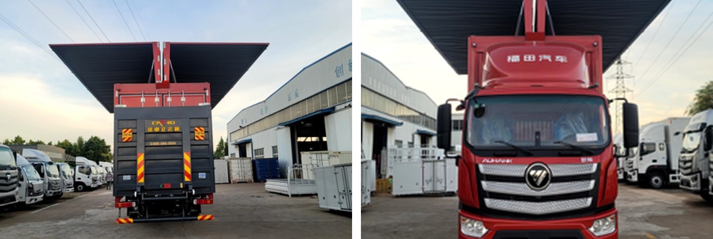 Front and rear views of wing-body trucks with side panels raised